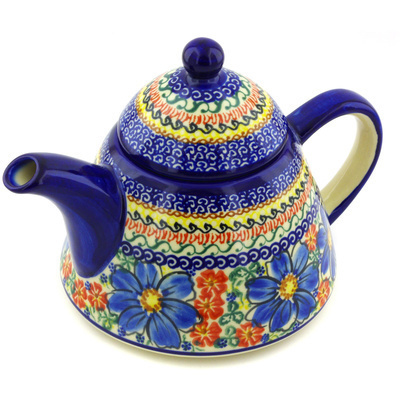Polish Pottery Tea or Coffee Pot 42 oz Festive Forget-me-not UNIKAT