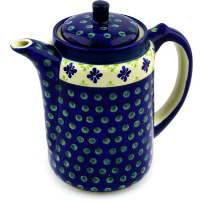 Polish Pottery Tea or Coffee Pot 42 oz Green Gingham Peacock