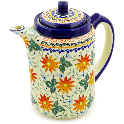Polish Pottery Tea or Coffee Pot 42 oz Mexican Flame UNIKAT