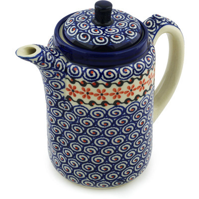 Polish Pottery Tea or Coffee Pot 42 oz Orange Daisy Swirl