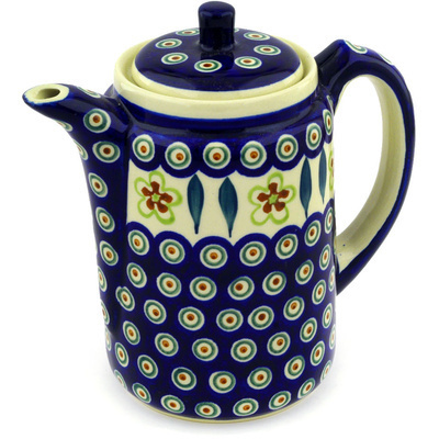 Polish Pottery Tea or Coffee Pot 42 oz Peacock Garden