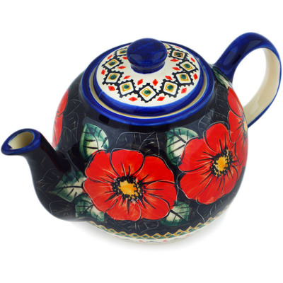 Polish Pottery Tea or Coffee Pot 45 oz Poppy Passion UNIKAT
