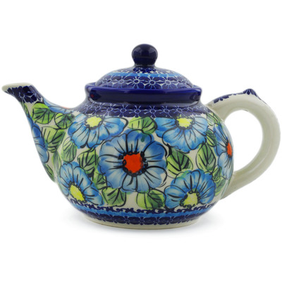 Polish Pottery Tea or Coffee Pot 47 oz Bold Blue Poppies UNIKAT
