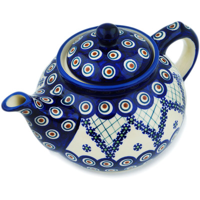 Polish Pottery Tea or Coffee Pot 47 oz Peacock Lattice UNIKAT