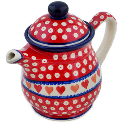 Polish Pottery Tea or Coffee Pot 48 oz Red Eyes With Hearts UNIKAT