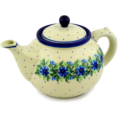 Polish Pottery Tea or Coffee Pot 5 cups Blue Bell Wreath