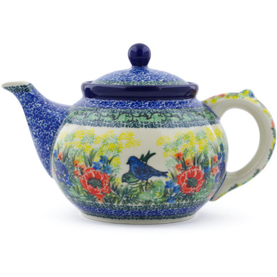 Polish Pottery Tea or Coffee Pot 5 cups Blue Bird Meadow UNIKAT