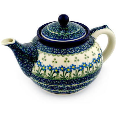 Polish Pottery Tea or Coffee Pot 5 cups Blue Daisy Circle