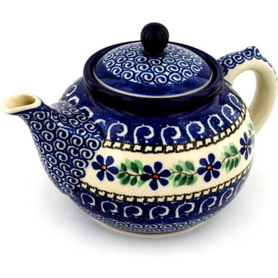 Polish Pottery Tea or Coffee Pot 5 cups Blue Daisy Swirls