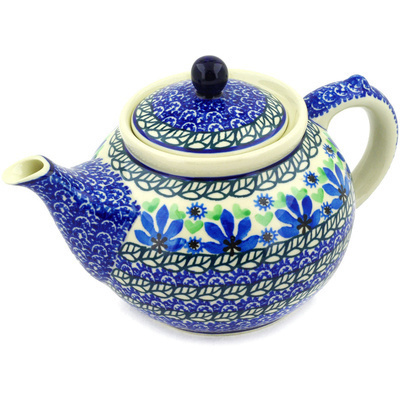 Polish Pottery Tea or Coffee Pot 5 cups Blue Fan Flowers