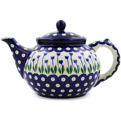 Polish Pottery Tea or Coffee Pot 5 cups Blue Tulip Peacock