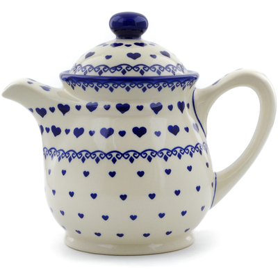 Polish Pottery Tea or Coffee Pot 5 cups Blue Valentine Hearts
