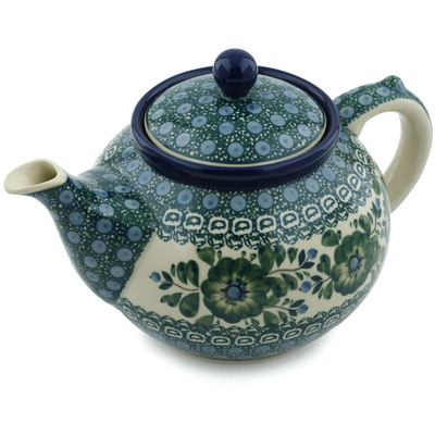 Polish Pottery Tea or Coffee Pot 5 cups Emerald Poppy Circle UNIKAT