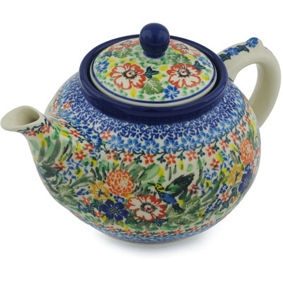 Polish Pottery Tea or Coffee Pot 5 cups Hummingbird Meadow UNIKAT