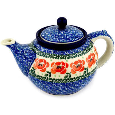 Polish Pottery Tea or Coffee Pot 5 cups Orange Flower Wreath