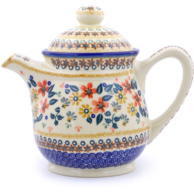 Polish Pottery Tea or Coffee Pot 5 cups Red Anemone Meadow UNIKAT