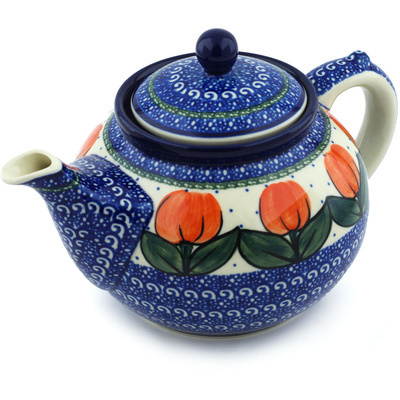 Polish Pottery Tea or Coffee Pot 5 cups Red Tulip Circle UNIKAT