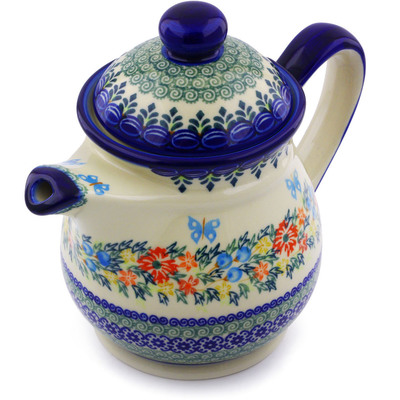 Polish Pottery Tea or Coffee Pot 5 cups Ring Of Flowers UNIKAT