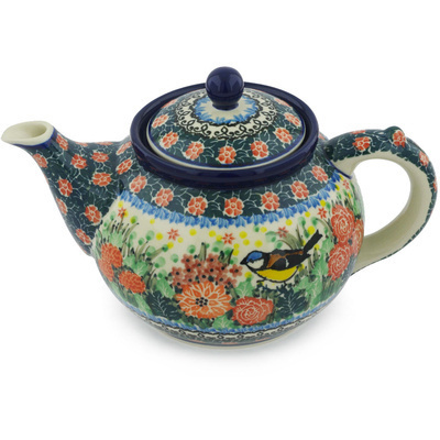 Polish Pottery Tea or Coffee Pot 5 cups Robbin&#039;s Meadow UNIKAT