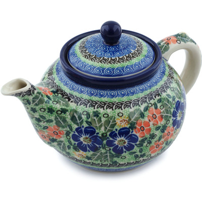 Polish Pottery Tea or Coffee Pot 5 cups Sapphire Daisies UNIKAT