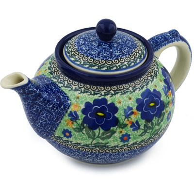 Polish Pottery Tea or Coffee Pot 5 cups Sapphire Pansies UNIKAT