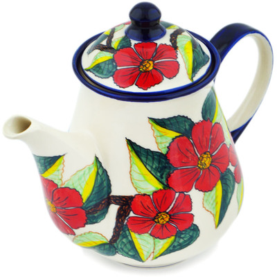 Polish Pottery Tea or Coffee Pot 51 oz Poinsettia Paradise UNIKAT