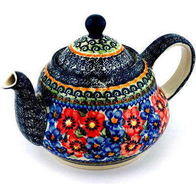 Polish Pottery Tea or Coffee Pot 52 oz Blue And Red Poppies UNIKAT