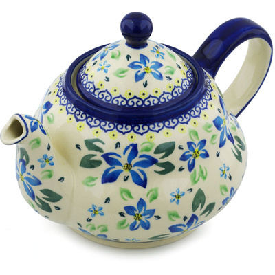 Polish Pottery Tea or Coffee Pot 52 oz Blue Clematis