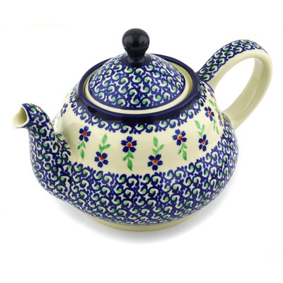 Polish Pottery Tea or Coffee Pot 52 oz Blue Daisy Dance