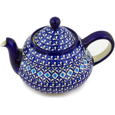 Polish Pottery Tea or Coffee Pot 52 oz Blue Diamond Dream
