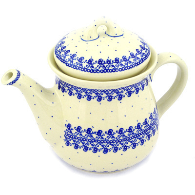 Polish Pottery Tea or Coffee Pot 52 oz Blue Lace Vines