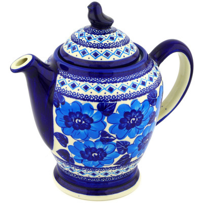 Polish Pottery Tea or Coffee Pot 52 oz Bright Blue Poppies UNIKAT