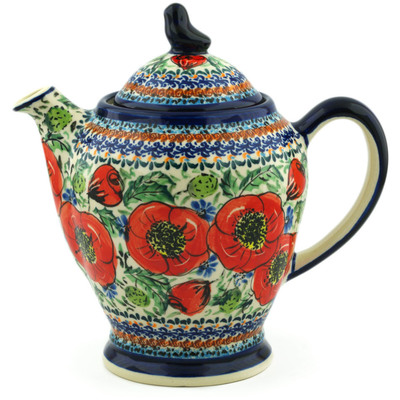 Polish Pottery Tea or Coffee Pot 52 oz Bursts Of Red UNIKAT