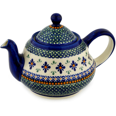 Polish Pottery Tea or Coffee Pot 52 oz Gingham Flowers