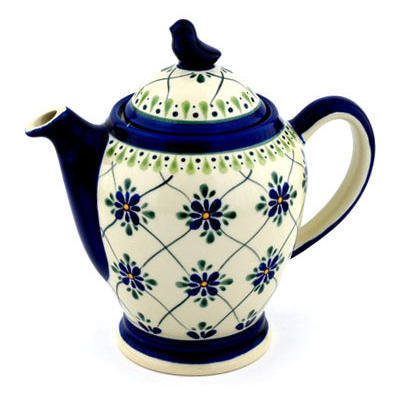 Polish Pottery Tea or Coffee Pot 52 oz Gingham Trellis