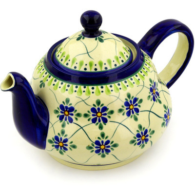 Polish Pottery Tea or Coffee Pot 52 oz Gingham Trellis