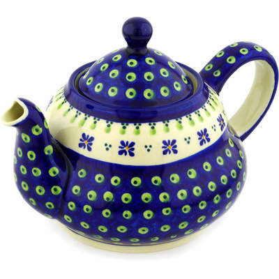 Polish Pottery Tea or Coffee Pot 52 oz Green Gingham Peacock