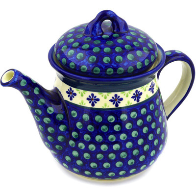 Polish Pottery Tea or Coffee Pot 52 oz Green Gingham Peacock