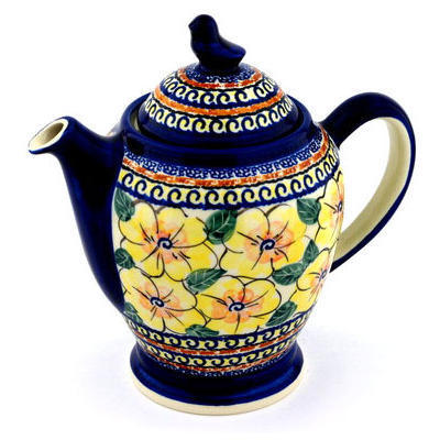 Polish Pottery Tea or Coffee Pot 52 oz Lemon Poppies UNIKAT