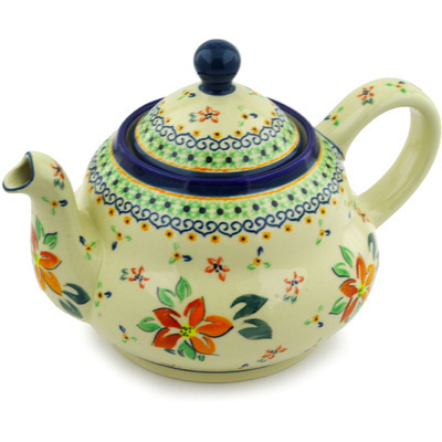 Polish Pottery Tea or Coffee Pot 52 oz Orange Clematis