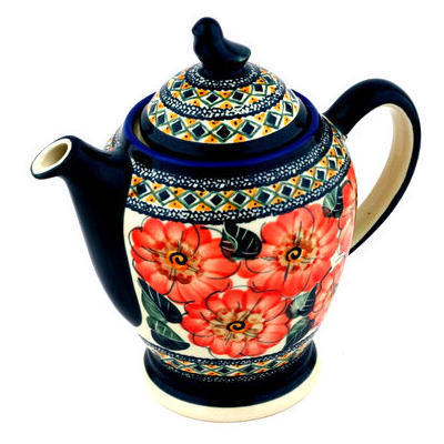 Polish Pottery Tea or Coffee Pot 52 oz Peach Poppies UNIKAT