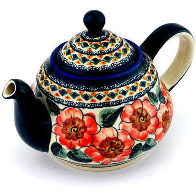 Polish Pottery Tea or Coffee Pot 52 oz Peach Poppies UNIKAT