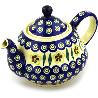 Polish Pottery Tea or Coffee Pot 52 oz Peacock Garden