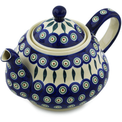 Polish Pottery Tea or Coffee Pot 52 oz Peacock Leaves