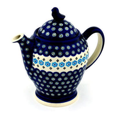 Polish Pottery Tea or Coffee Pot 52 oz Peacock Poppy Chain