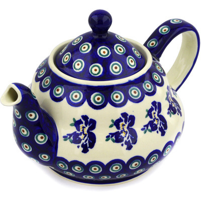 Polish Pottery Tea or Coffee Pot 52 oz Royal Iris Peacock