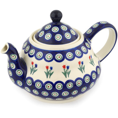 Polish Pottery Tea or Coffee Pot 52 oz Tulip Pair Peacock