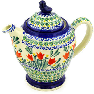 Polish Pottery Tea or Coffee Pot 52 oz Tulip Twins UNIKAT