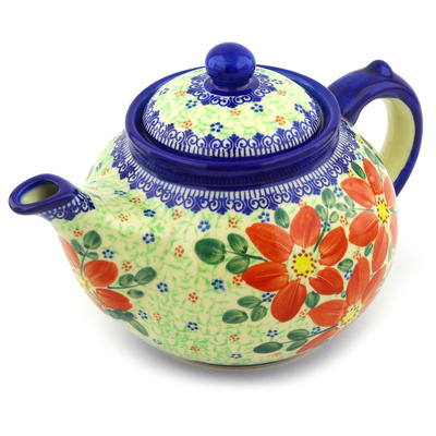 Polish Pottery Tea or Coffee Pot 54 oz Snow Coral Zinnias UNIKAT
