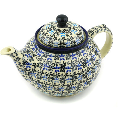 Polish Pottery Tea or Coffee Pot 6 Cup Black And Blue Lace